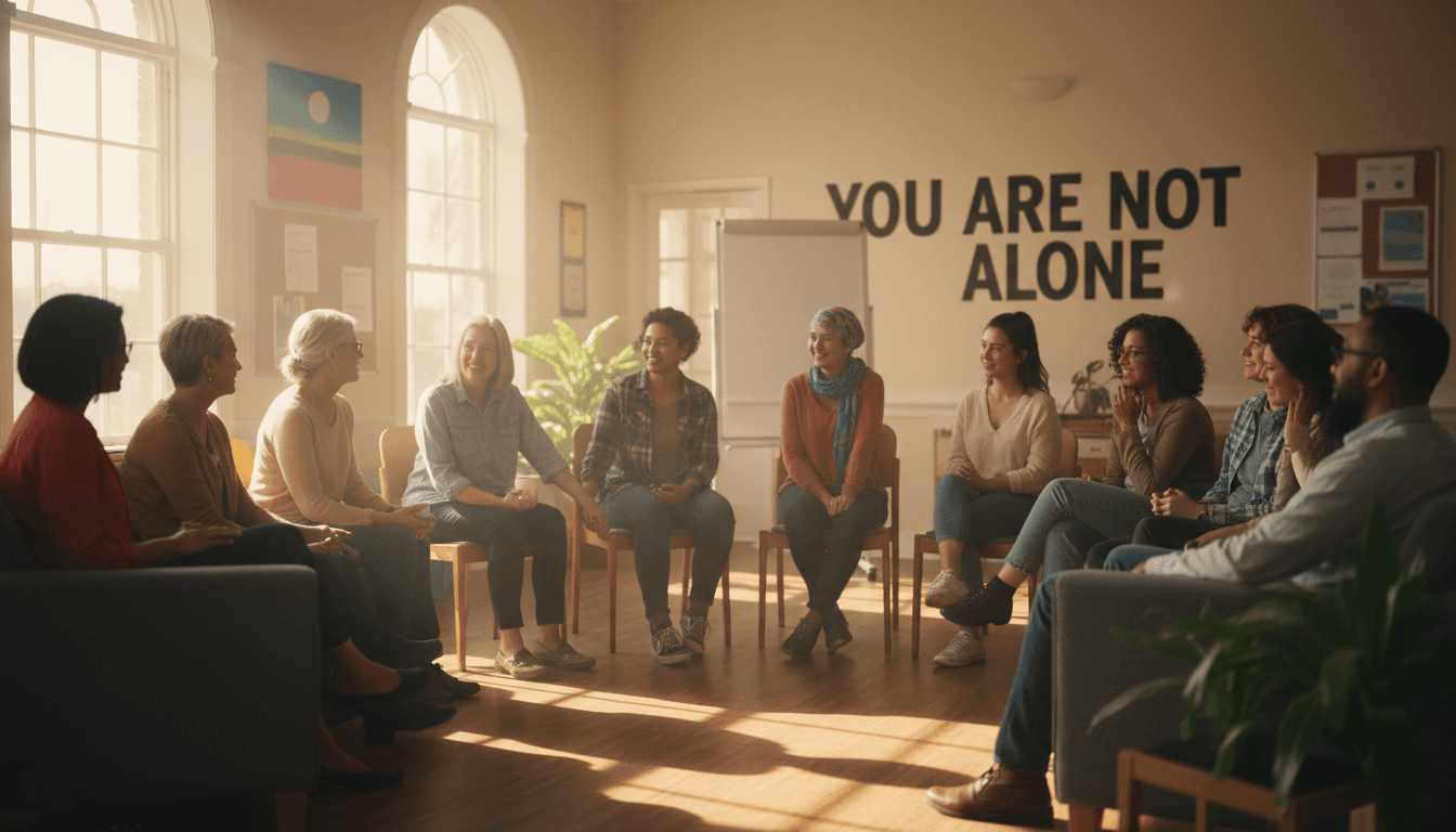 People in a supportive community setting having an encouraging conversation